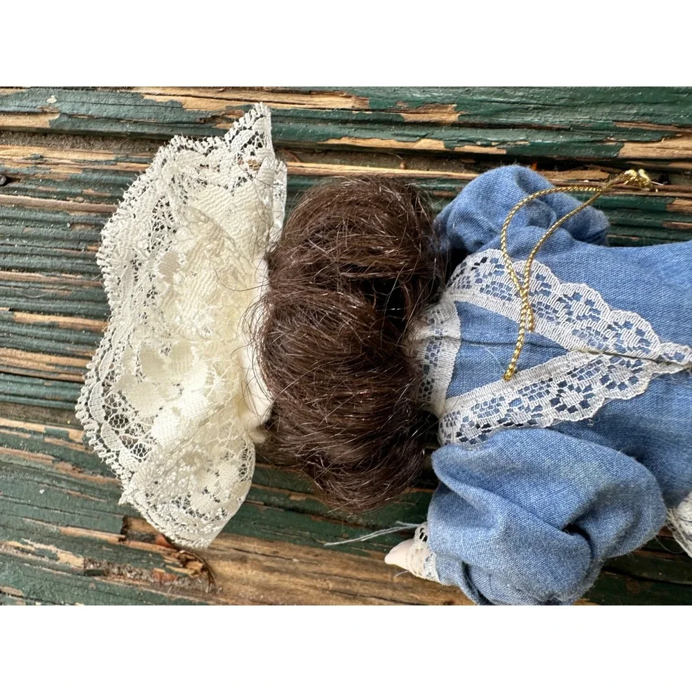 Vintage Porcelain Lace Doll Ornament Blue Denim Floral Dress‎ 9 Inch Taiwan